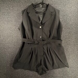 Anthropologie Black Sleeveless Belted Romper Womens XL Button Notched Lapel